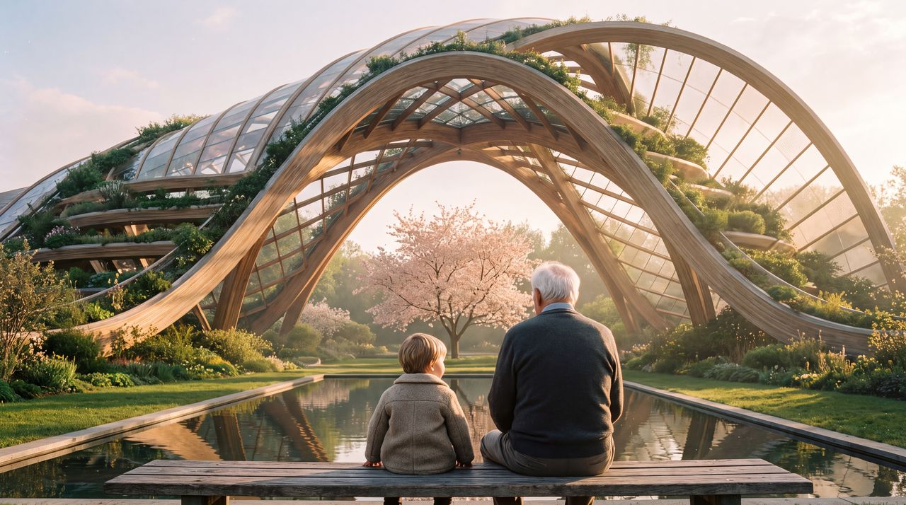 An old man and a child sit on a wooden bench, seen from behind, looking across a still pool at a timber and glass arch and a tree in blossom.