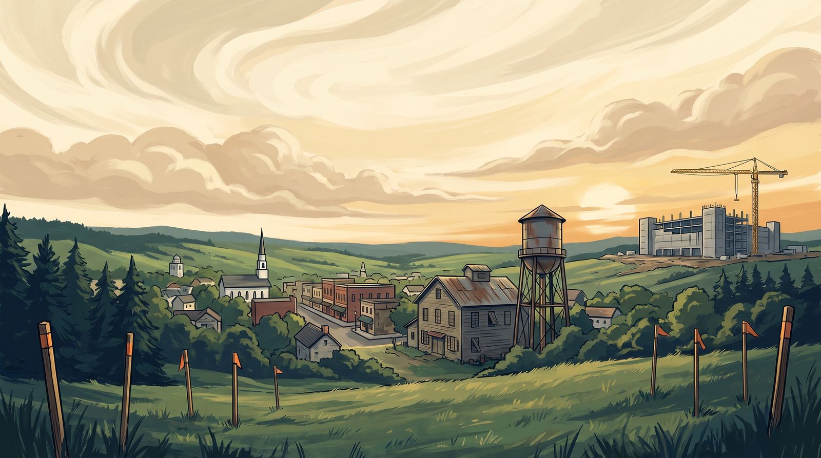 A painting of a small town in a green valley at golden hour, with an old mill and its water tower, surveyor stakes in the foreground and a building under construction on the ridge.