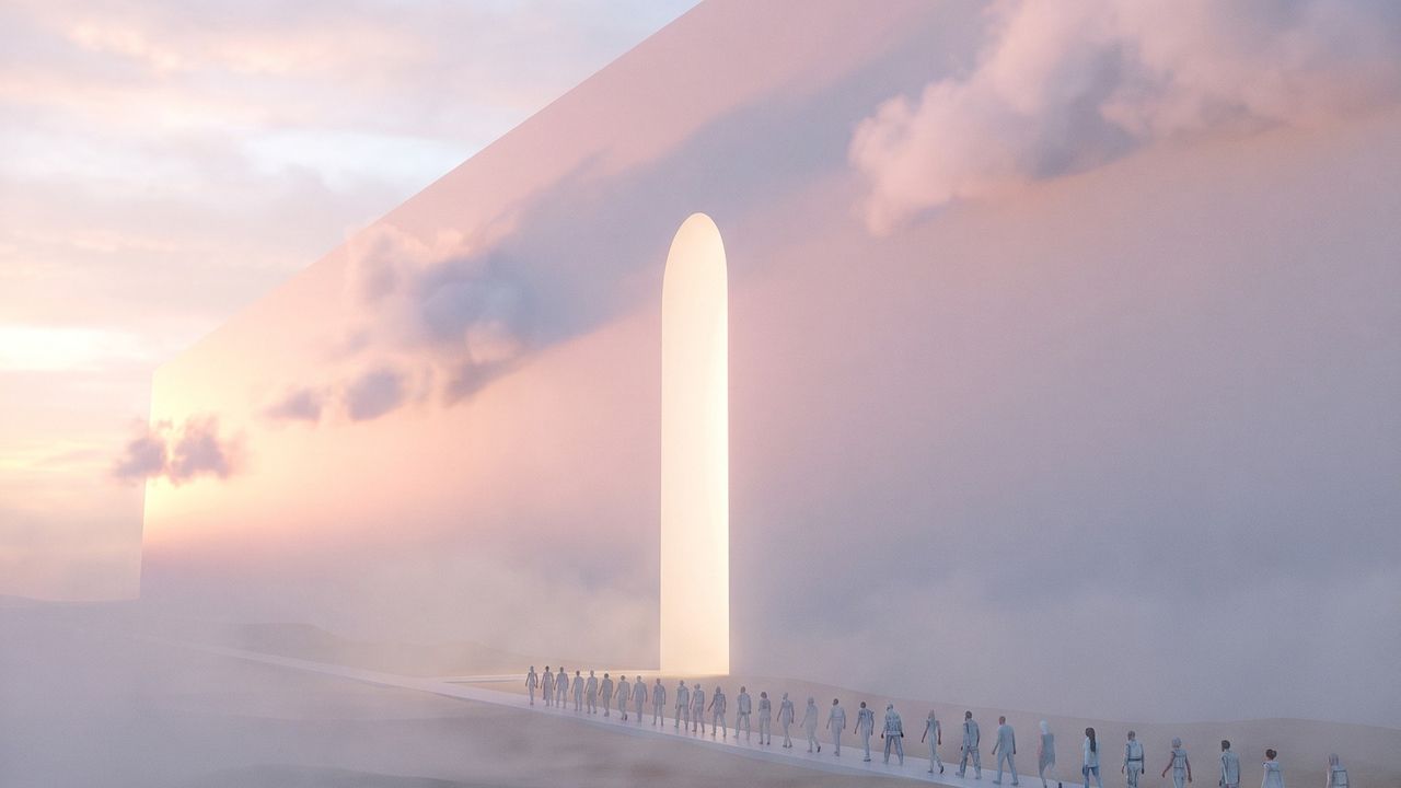 A seamless white wall rising into pink dawn cloud, with one tall glowing door and a line of small figures walking toward it.