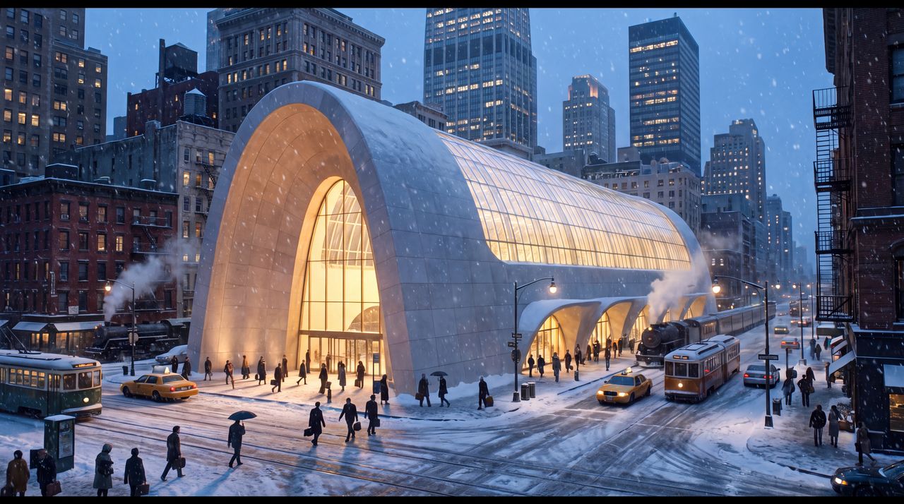 A train station at blue hour with snow falling: a long luminous vault of pale glass glowing over the platforms, trains sliding in, a pale stone front with a tall gold doorway, a snowy plaza full of people, and lit skyscrapers behind.
