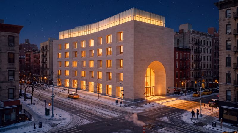The Block, after dark: The same corner at night: every window of the block warm, the glass ridge lit gold, the arched doorway blazing light across the empty snowy crosswalk.