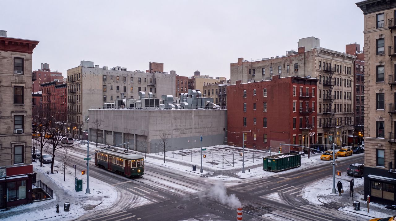 Today: The same corner as it is now: a windowless gray concrete box behind a chain-link fence, rooftop cooling units, a parking lot with dirty snow, under an overcast sky.