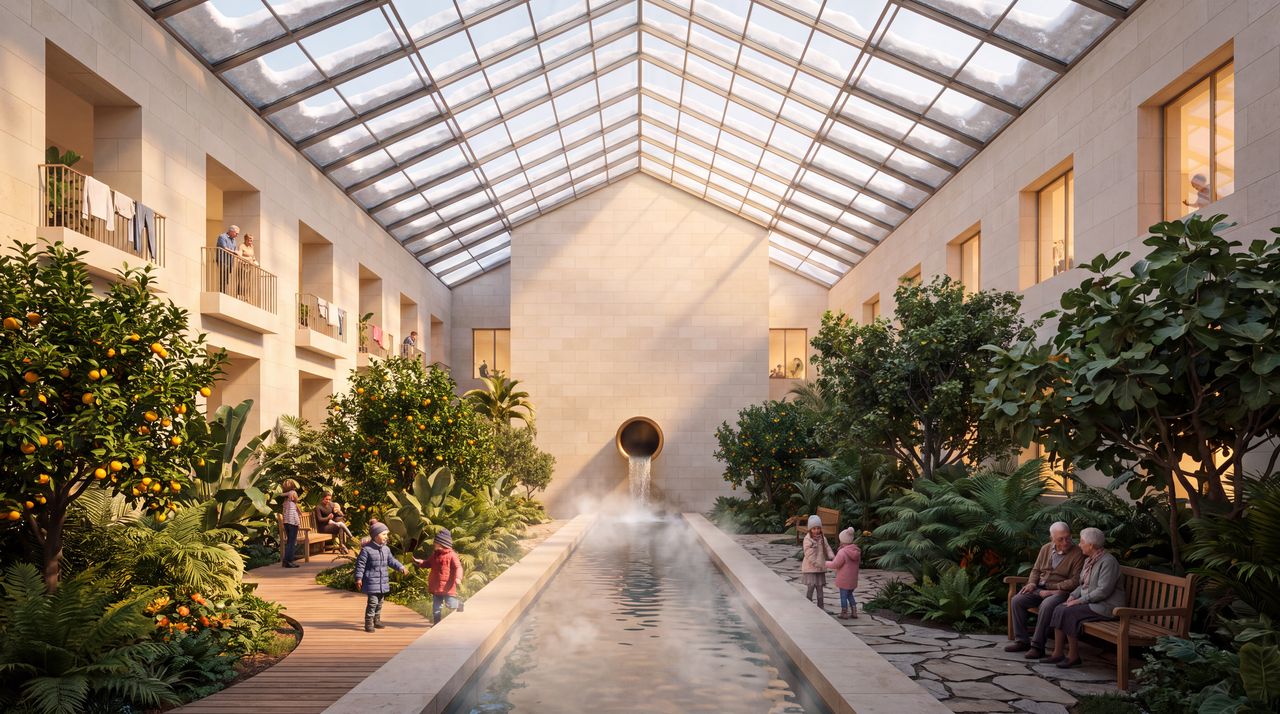 Within: A courtyard garden under a ridge of glass inside a city block: citrus trees, a long steaming pool, people on the paths and balconies looking down, snow on the glass above.