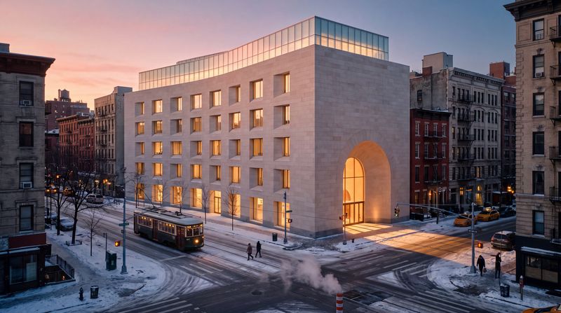 A downtown corner at first light in winter: a long pale stone block with warm windows and a glowing glass ridge along its roof, one tall arched doorway lit gold at the corner, a tram and a few people on the snowy street.