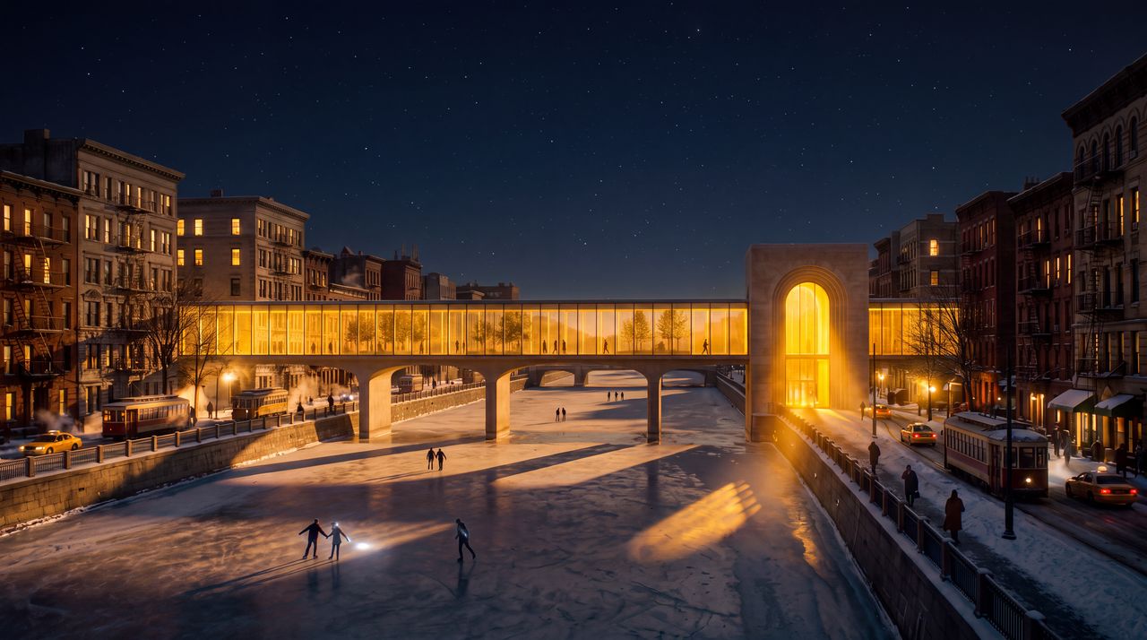 After dark: The same river at night: the glass street glowing warm gold across the dark water like a lantern, its light on the ice, the city's windows lit on both banks.