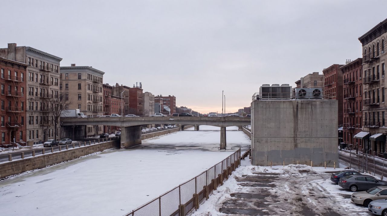 Today: The same river as it is now: an old gray concrete road bridge with traffic, and on the near bank a gray windowless box behind a chain-link fence, under an overcast sky.