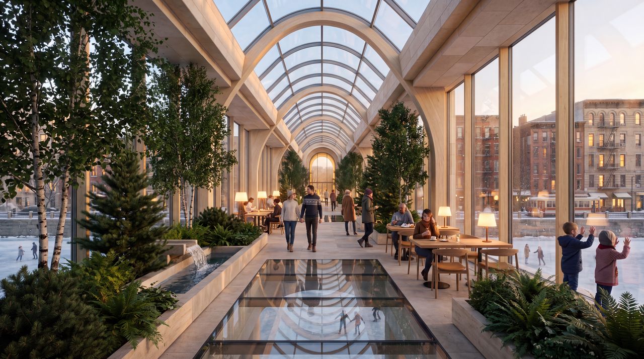 Within: Inside the glass bridge: a street of gardens and cafes under a long glass vault, birch and pine in planters, a glass panel in the floor showing the ice below, the snowy city through the glass on both sides.