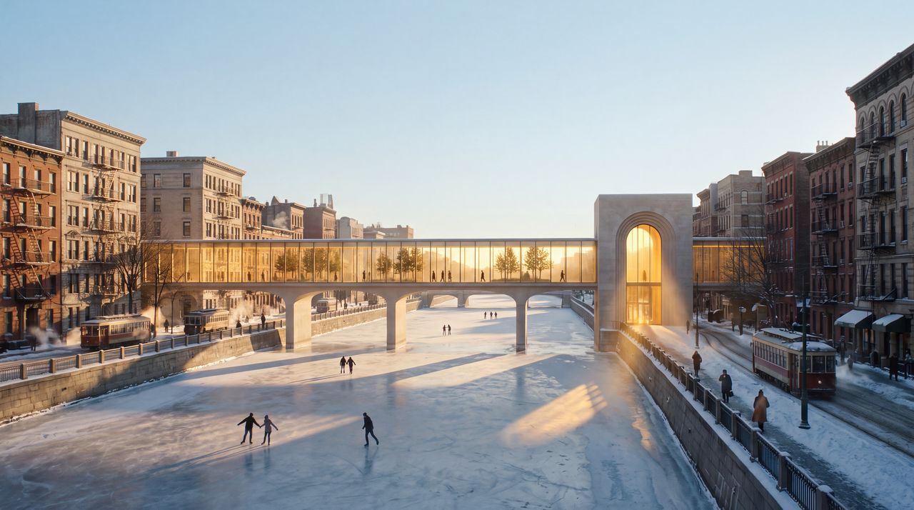 Without, long light: A wide frozen river in late gold light, crossed by a bridge on slender pale piers that carries a long glass hall lit from within, skaters on the ice below, snow on the banks, the old city on both sides, and a tall gold doorway at the near end.
