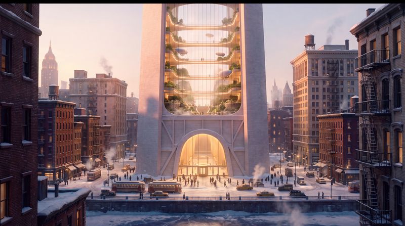 The High-Rise, first light: The same river view at first light: rose-gold sun on the crown of the hollowed tower pouring down into the void, the terraces green, mist inside, snow on every roof.