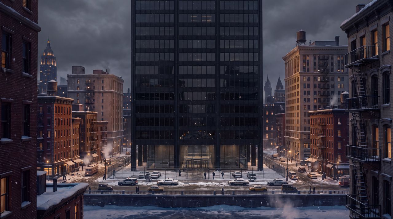Today: The same skyscraper as it is now: a dark sealed office tower of black steel and tinted glass, almost every window blank at midnight, a fenced plaza with dirty snow at its base.