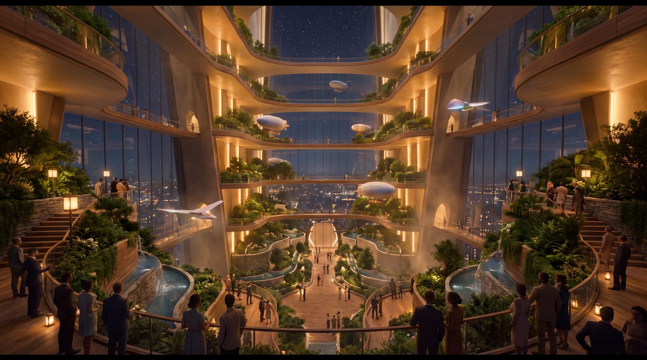 Within: Inside the hollowed skyscraper, looking up from a garden terrace: a canyon of light a hundred floors high, terraces and hanging gardens on every wall, bridges across the void, gliders and small airships in the air, and the stars through the open crown far above.