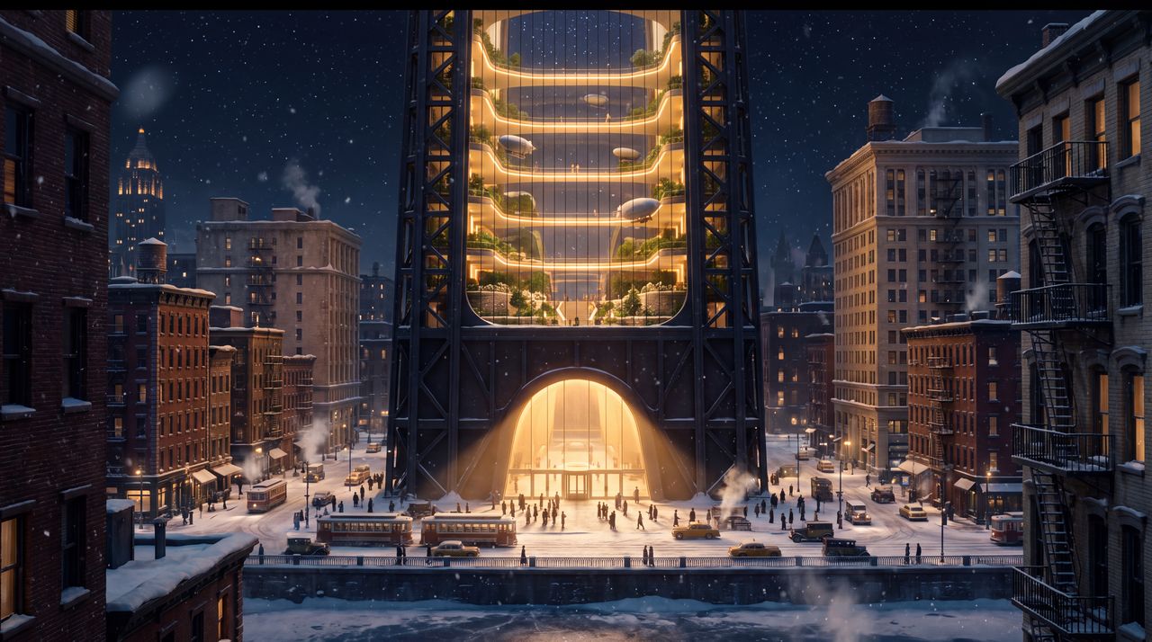 Without, midnight: A snowy downtown at midnight seen across a frozen river: the tallest tower in the city, a black steel skyscraper, hollow from the ground to the crown, a vast lit void with terraces stepping up its inner walls and the lights of gliders inside, its top open to the stars, and a tall gold doorway on the plaza at its base.