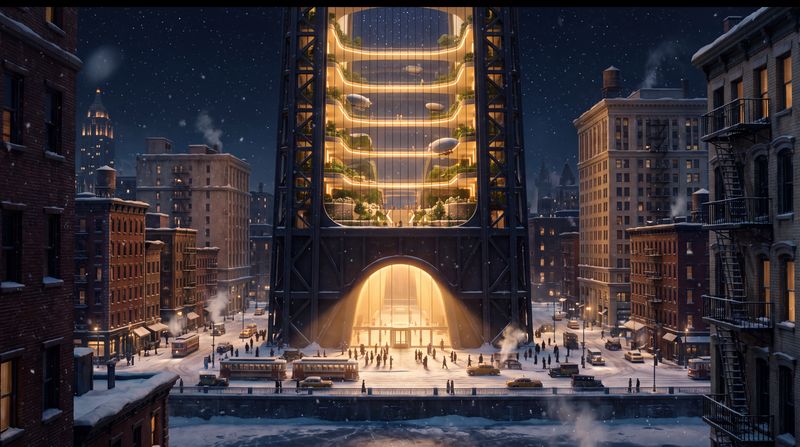 A snowy downtown at midnight seen across a frozen river: the tallest tower in the city, a black steel skyscraper, hollow from the ground to the crown, a vast lit void with terraces stepping up its inner walls and the lights of gliders inside, its top open to the stars, and a tall gold doorway on the plaza at its base.