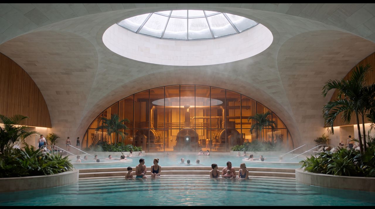 Within: A bath hall under a shallow pale stone vault, lit by daylight through a round glass oculus with snow on it, with terraced warm pools, bathers, steam and ferns, and the hall of the machines glowing amber beyond a glass wall.