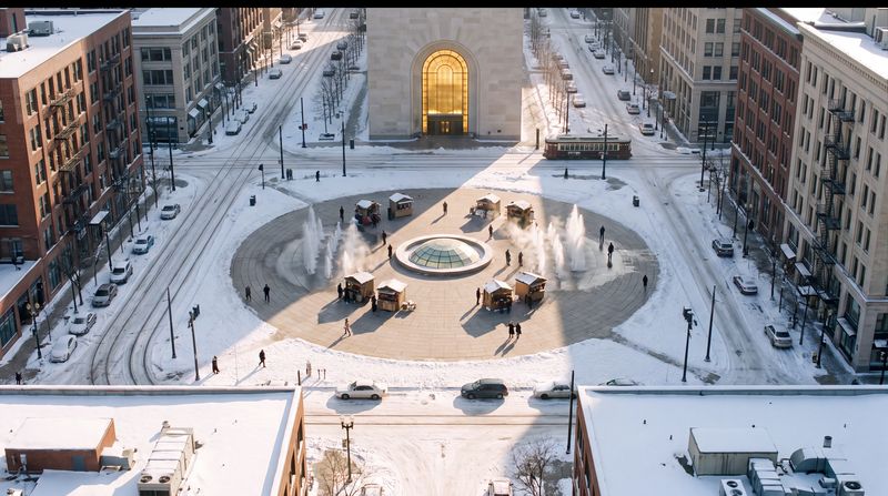 A snowy downtown square on a bright winter morning, seen from above: the snow melted in one warm circle of pale paving with steaming fountains, market stalls and people, a glowing glass oculus at its centre, and a pale stone pavilion with a tall gold doorway at its edge.