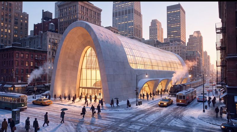 The Station, first light: The same plaza and station at first light: rose-gold sun on the snow and the glass vault, a few early travellers, long blue shadows, steam rising from the trains.
