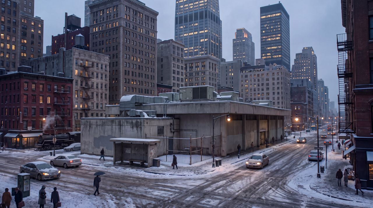 Today: The same plaza as it is now: a plain low concrete station with a flat roof, a gray windowless annex with rooftop cooling units, a bus shelter and slush, at dusk under an overcast sky.