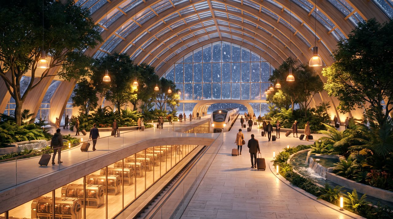 Within: A station concourse at night that is a winter garden under a glowing glass vault: trees and warm lamps between the platforms, travellers with suitcases, a train waiting, snow falling outside the glass end wall, and rows of the machines glowing amber behind a glass wall below.