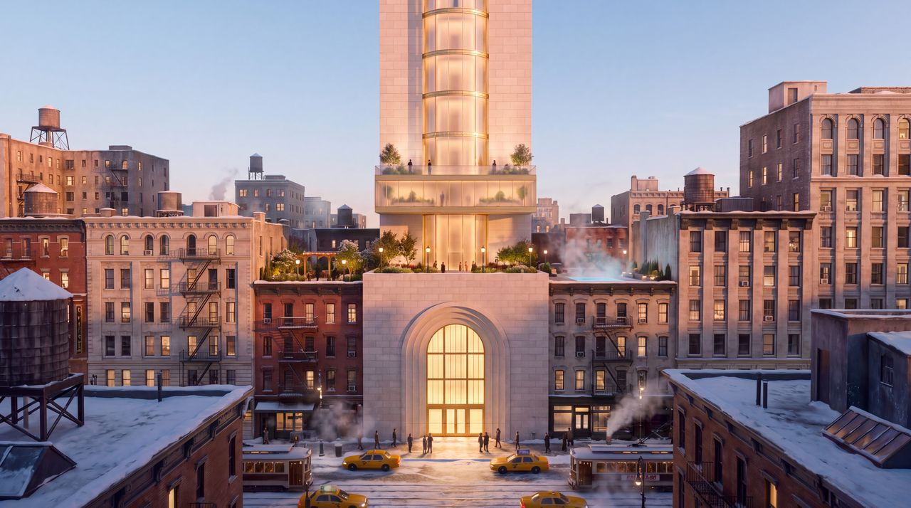 First light: The same rooftop view at first light: rose-gold sun on the pale tower and its garden terraces, mist rising from the rooftop pool, snow on every roof.