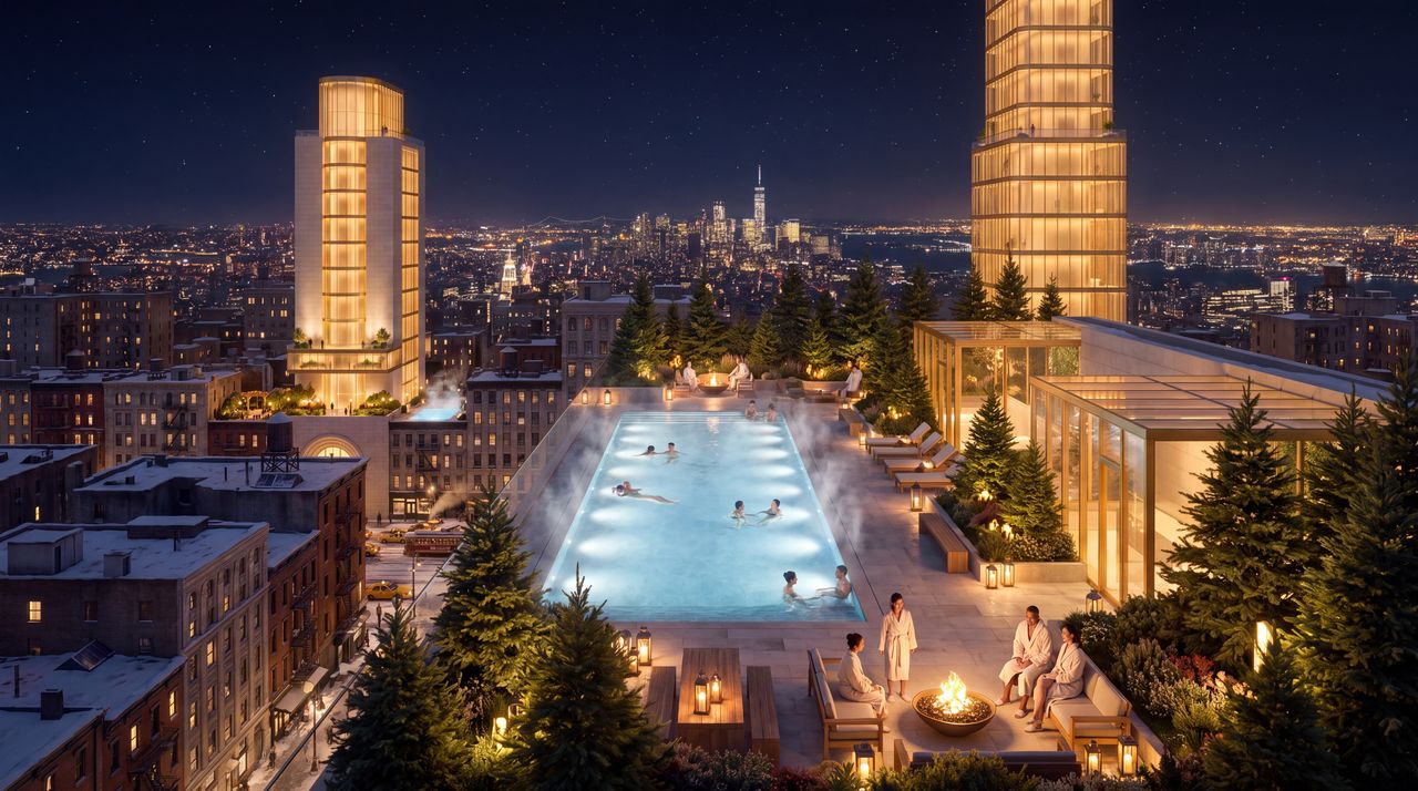 Within: A rooftop at night: a long warm pool steaming under the stars with swimmers, pines and lanterns around it, and the whole lit city spread out below.