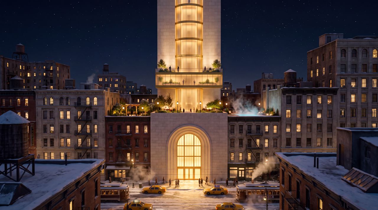 Without, after dark: A snowy downtown at night seen from a rooftop: a slender tower of pale stone and glowing glass rising far above the older brick buildings around it, garden terraces cut into it with trees and lamps, steam from a pool at its top, and a tall gold doorway at the street.