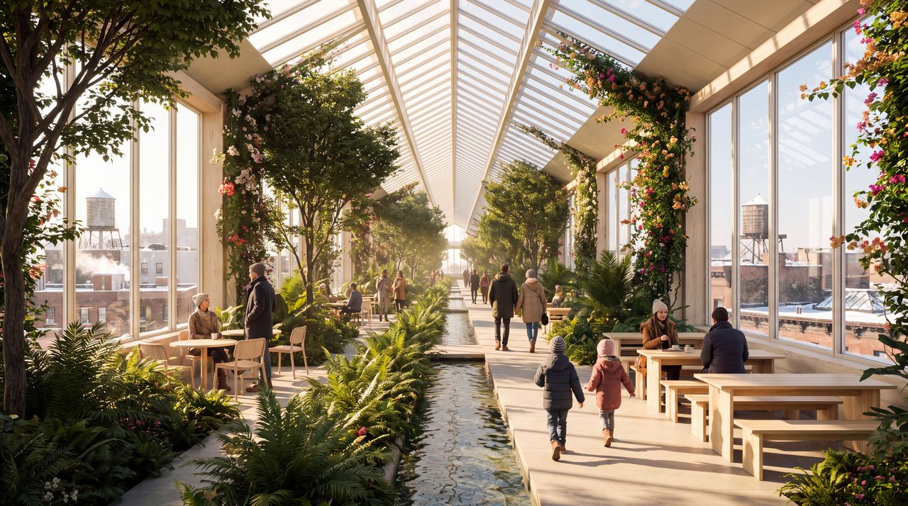 Within: A long garden walk under a ridge of glass on top of the viaduct: trees, ferns, a stream, people strolling and sitting at cafe tables, snowy rooftops through the glass on both sides.