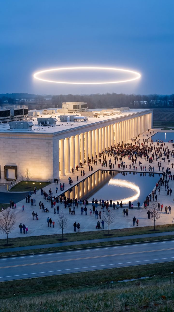 The same road at dusk: a pale colonnaded hall under a floating ring of light, with a crowd on the plaza around a long pool.