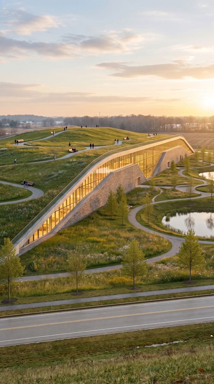 The same road at sunrise: the building has become a green hill with a glass hall along its side, paths over the roof and a pond beside it.