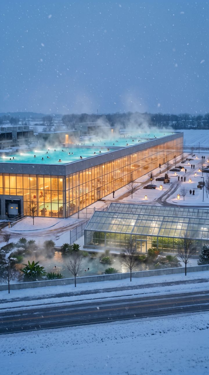 The same road in falling snow: a glass building with a steaming pool on its roof and a greenhouse beside it, lit warm.