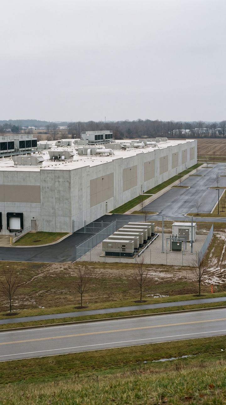 A plain gray data center beside a two-lane road, with a fenced yard of equipment, on a flat overcast day.