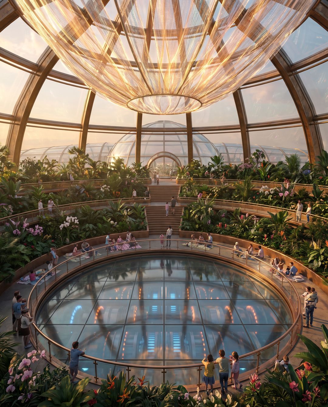 Within: Planted terraces under a glass dome, around a round glass floor with machines visible below it, and families at the rail.