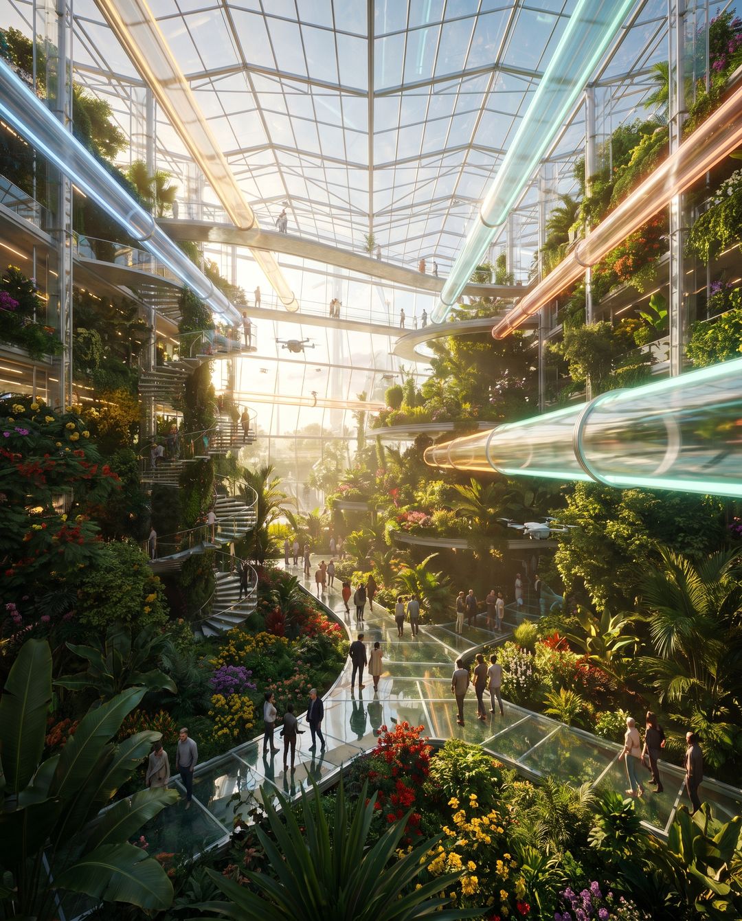 Within: A tall glass atrium with planted balconies, glass walkways and large colored pipes overhead, and many people among the gardens.