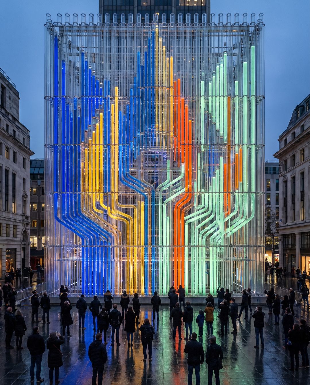 Without: A glass block in a city square at blue hour, filled with vertical tubes in blue, yellow, orange and green, with a crowd standing before it on wet paving.
