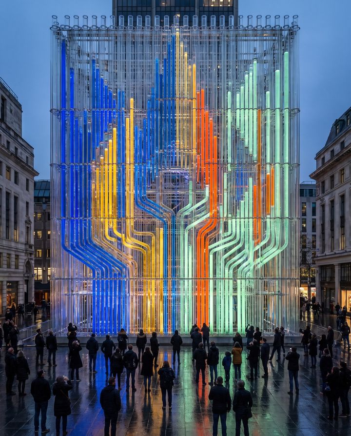 A glass block in a city square at blue hour, filled with vertical tubes in blue, yellow, orange and green, with a crowd standing before it on wet paving.
