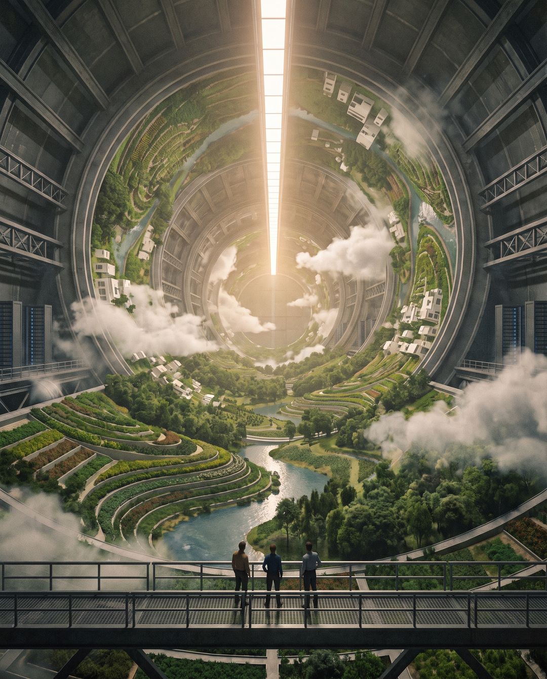 Within: A vast cylinder seen from a walkway: terraced fields, a river, woods and white houses curve up the walls and overhead, with clouds and a strip of light along the axis.