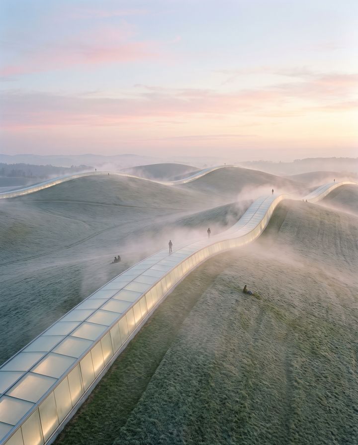 Green hills at dawn with a long glowing glass ridge along one crest, mist in the valleys, and a few small figures.