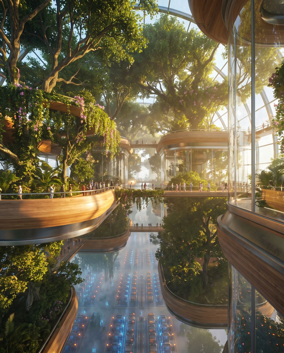 Within: Timber walkways and glass rooms among tall trees under a glass roof, and far below, rows of machines with blue and amber lights.