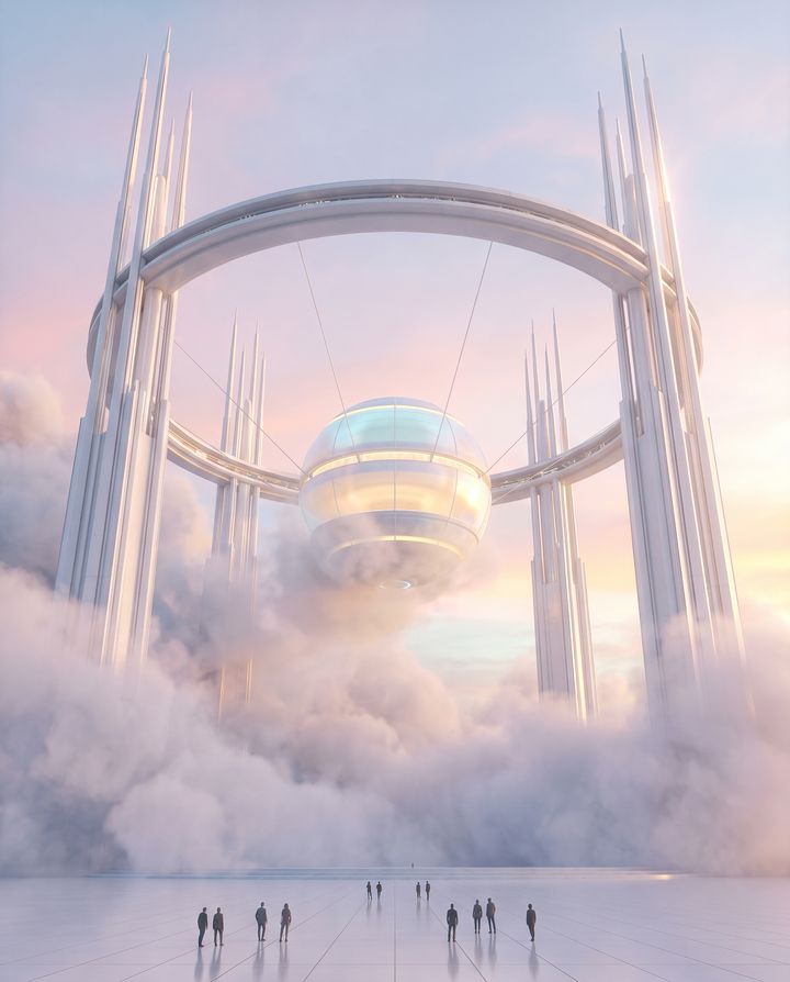 Clusters of slender white towers carrying two rings, with a glowing glass sphere held between them above the clouds, and small figures on a pale plaza.