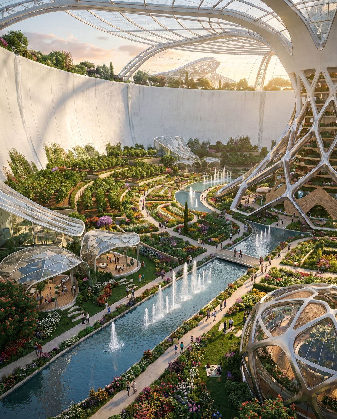 Within: A garden under a glass roof inside a high white wall: orchard terraces, flower beds, canals with fountains, and many small figures.