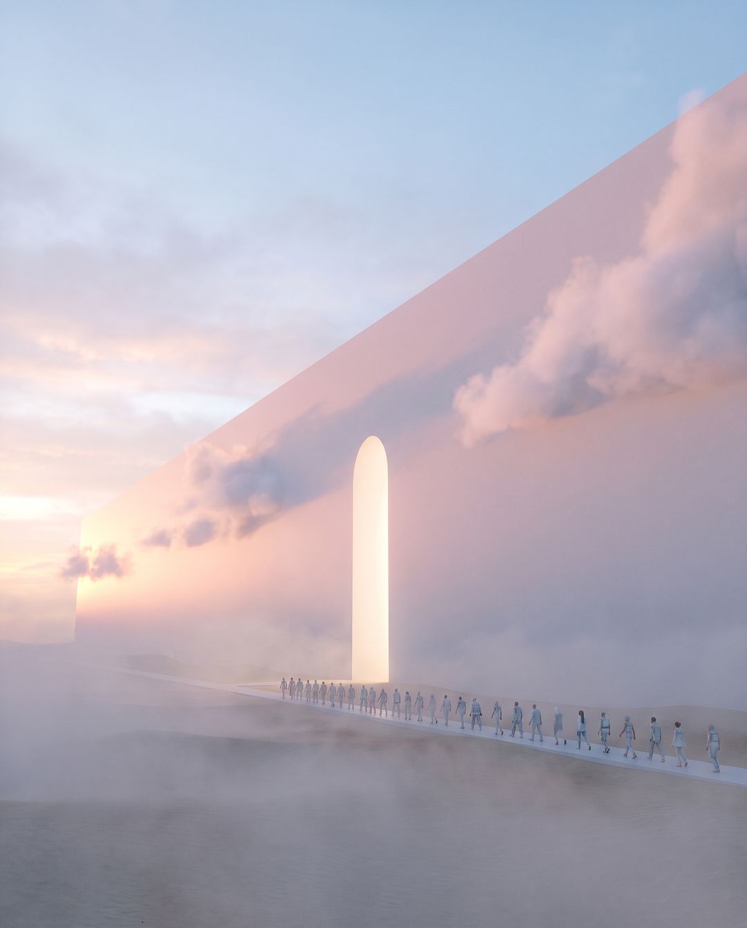 Without: A vast pale wall in pink dawn cloud with one tall glowing arched door, and a line of small figures walking toward it.