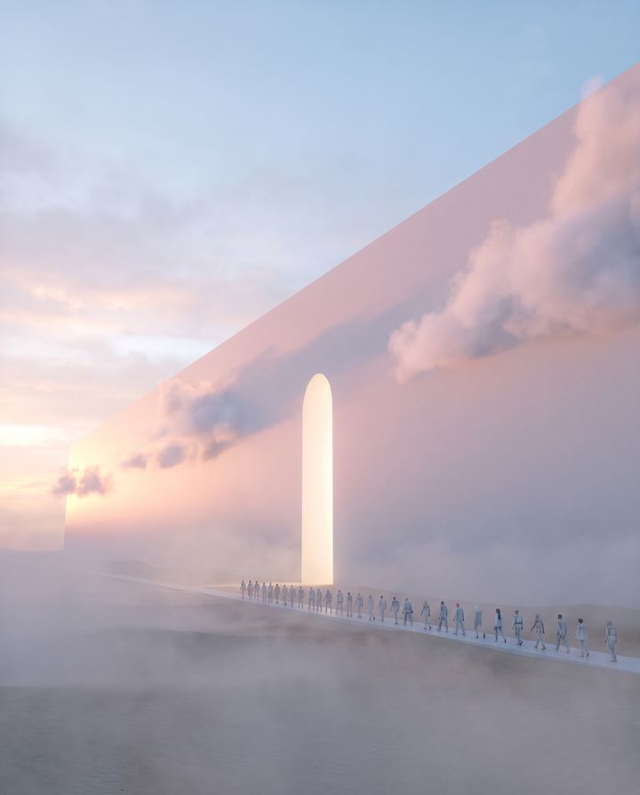A vast pale wall in pink dawn cloud with one tall glowing arched door, and a line of small figures walking toward it.
