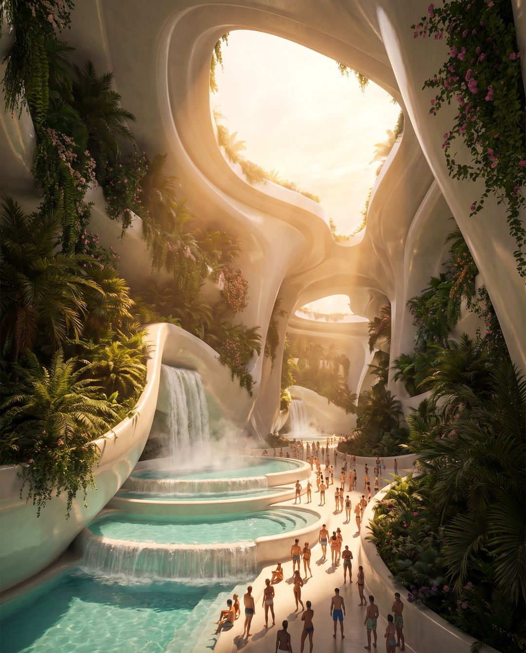Within: A sculpted white interior open to the sky, with palms and flowering vines, pools cascading down in steps, and many bathers.