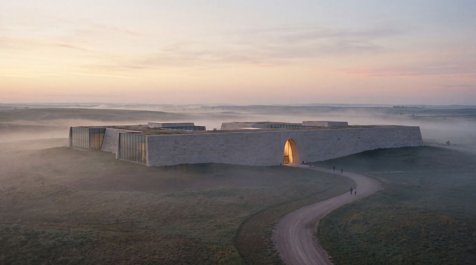 A long wall of pale stone on the prairie at first light, with one arched door lit from within and a path curving up to it through the mist.