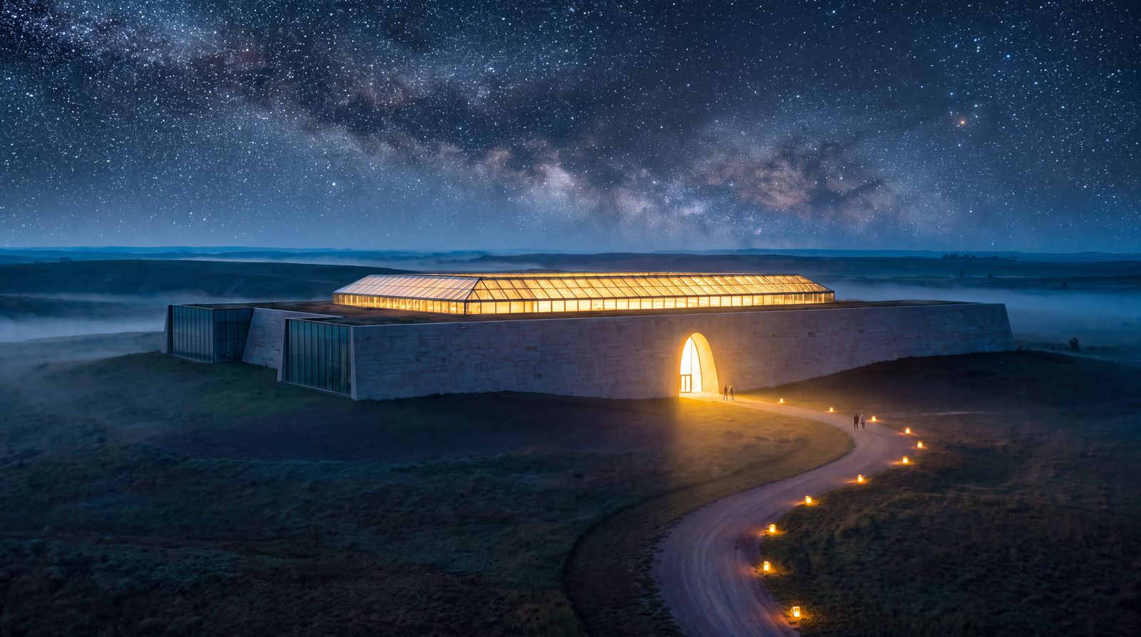The same wall after dark: the door and the glass roof glow gold, lanterns line the path, and the Milky Way stands overhead.