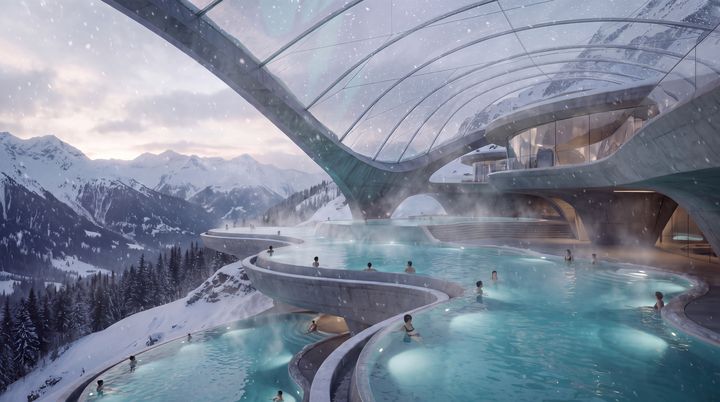 Steaming turquoise pools under a glass roof, with snow on the mountains outside.