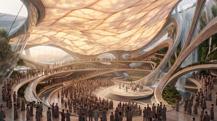 A great hall with curving terraces full of people around a stage, under a glowing ceiling.