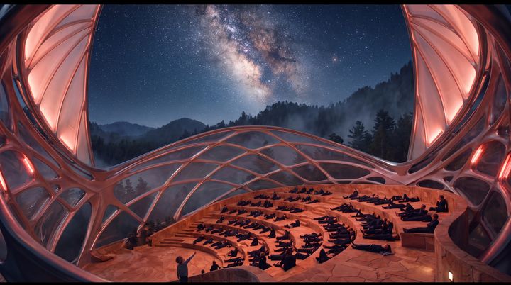 People on warm terraces under an open roof, looking up at the Milky Way.