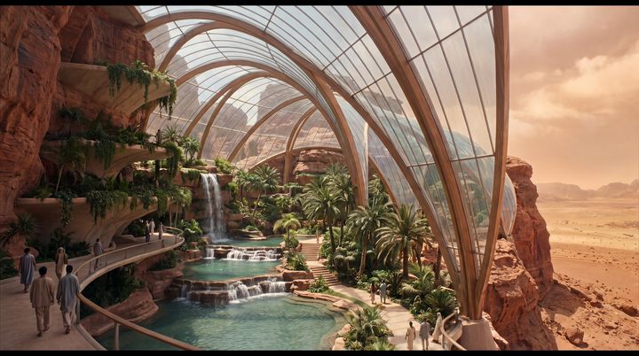 Palms, pools and a waterfall under glass arches, with red desert beyond.