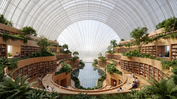 Curving terraces of bookshelves and small gardens around a still pool, under a white glass vault.