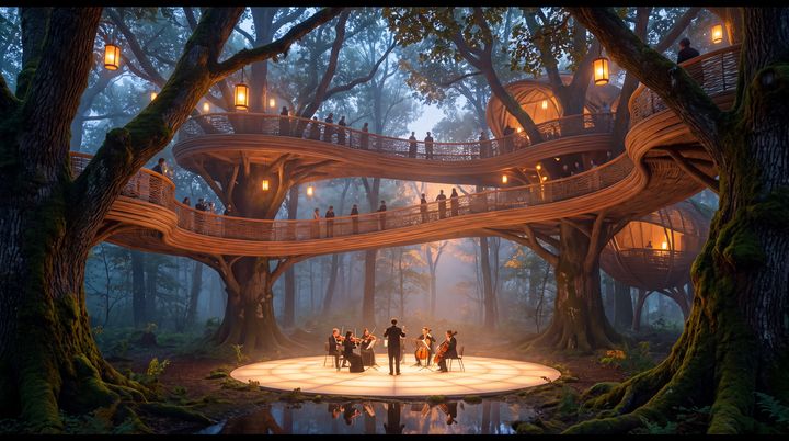Musicians on a lit stage among great trees, with listeners on wooden walkways above.